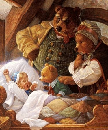 3 bears find goldilocks in their baby's bed.